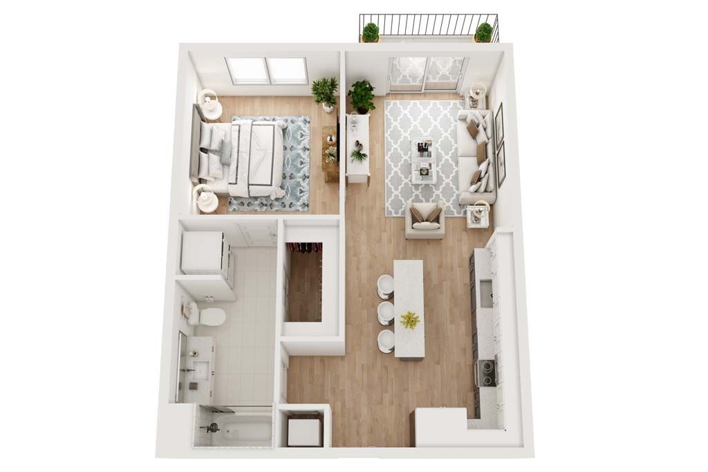 Floor plan of a modern apartment; bedroom, living room, kitchen, and bathroom. White and beige colors. Furnished.