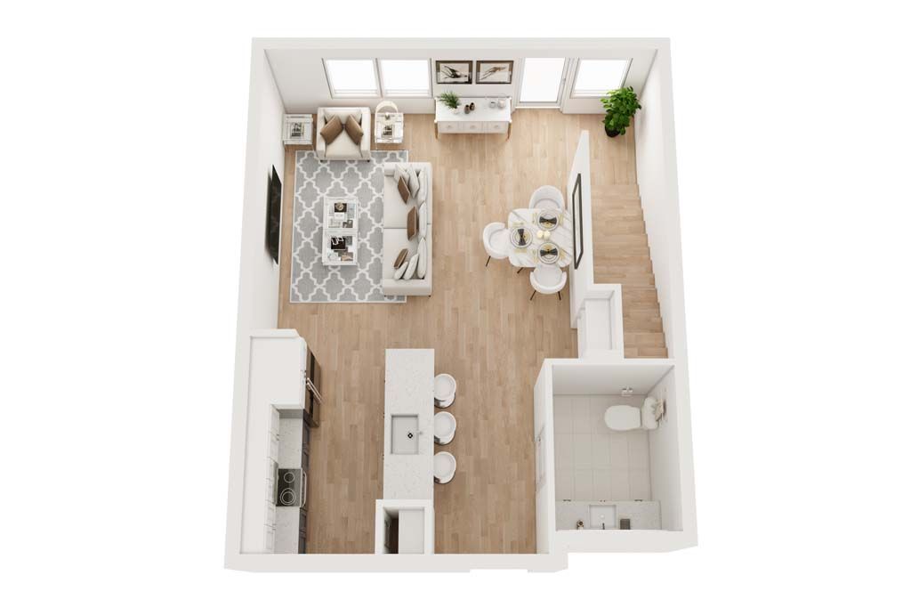 Top-down view of a bright, modern apartment layout with living, dining, and kitchen areas.