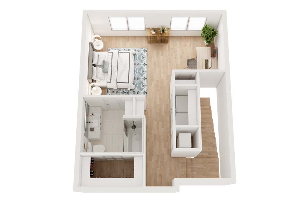 Top-down view of a small apartment with bedroom, living area, and bathroom in white and wood tones.