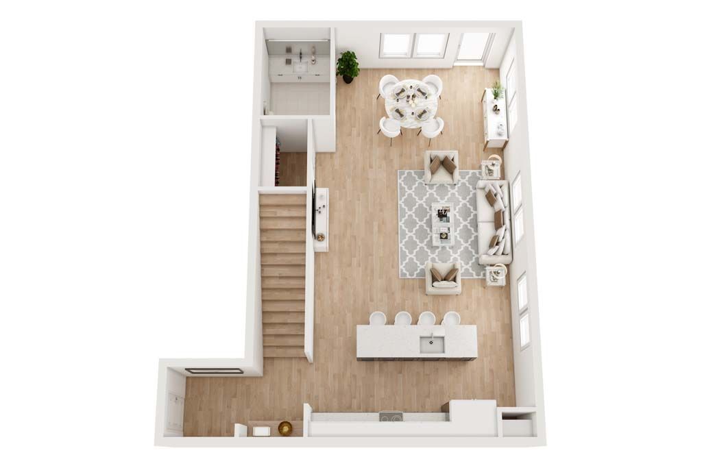 Top-down view of a modern apartment interior with living, dining, and kitchen areas in light wood tones.