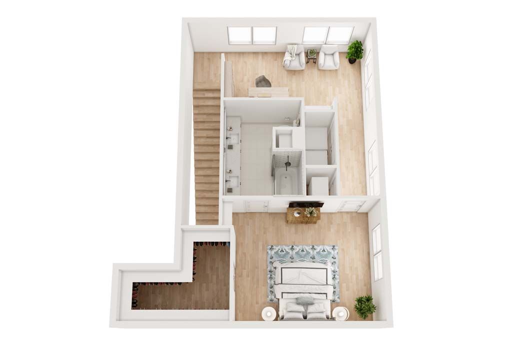 Floor plan of a two-story apartment. Includes living room, kitchen, bathroom, bedroom, and stairs.