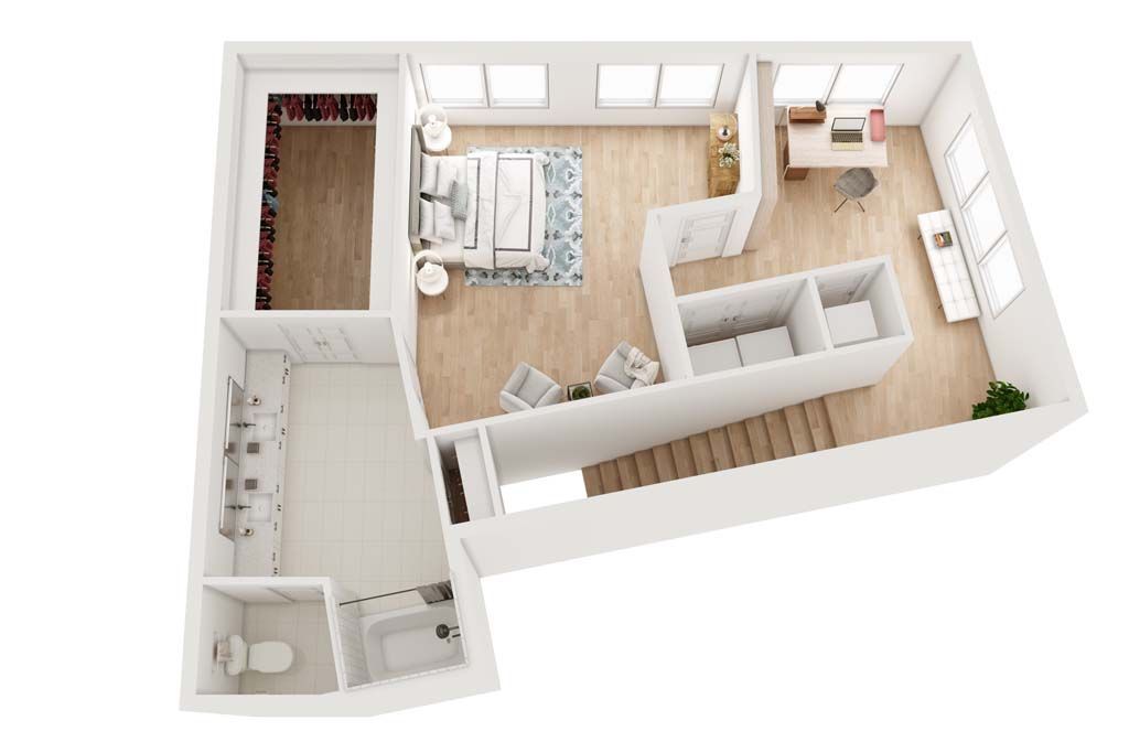 Floor plan of a loft apartment showing a bedroom, bathroom, closet, office, and staircase.