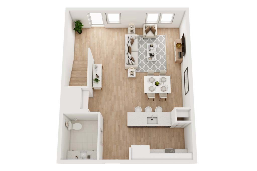 Top-down view of a modern studio apartment with light wood floors, furnished with neutral-toned furniture.