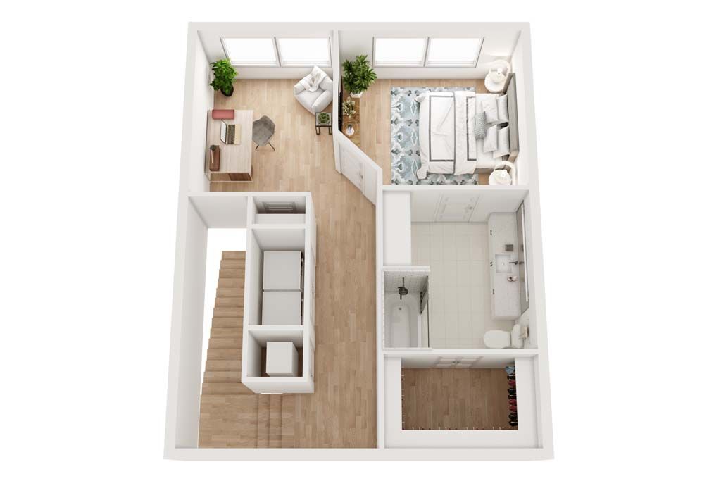 Floor plan of a small apartment with bedroom, office, bathroom, and living area on two levels; light wood floors.