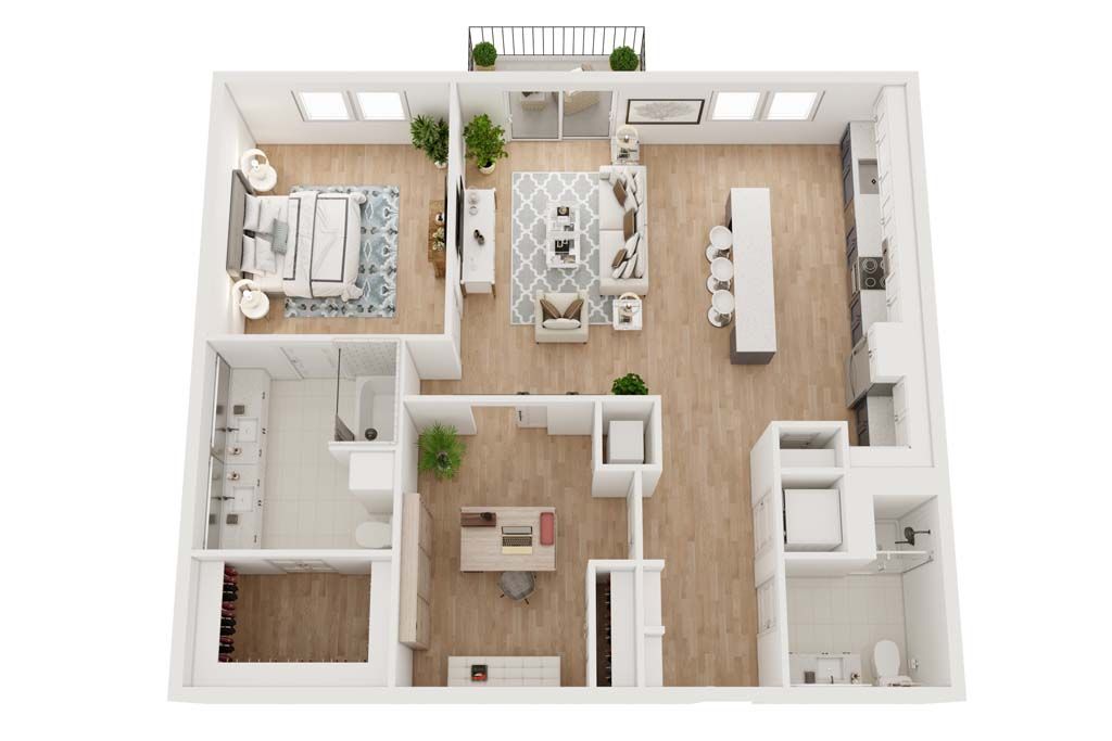 Overhead view of a modern apartment floor plan with bedroom, living area, kitchen, and bathroom.