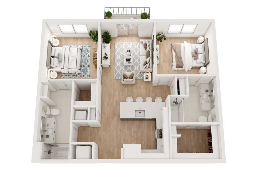 Floor plan of a two-bedroom apartment with living room, kitchen, and balcony. Furnished and decorated.