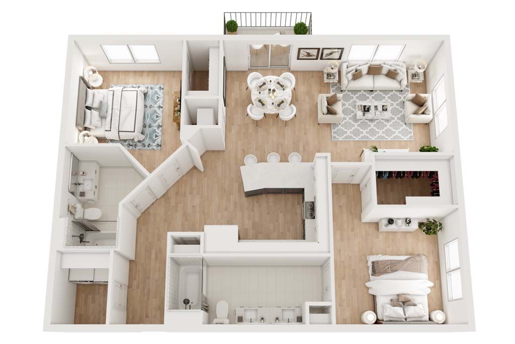 Floor plan of a furnished apartment, showing a kitchen, living area, two bedrooms, and bathrooms.