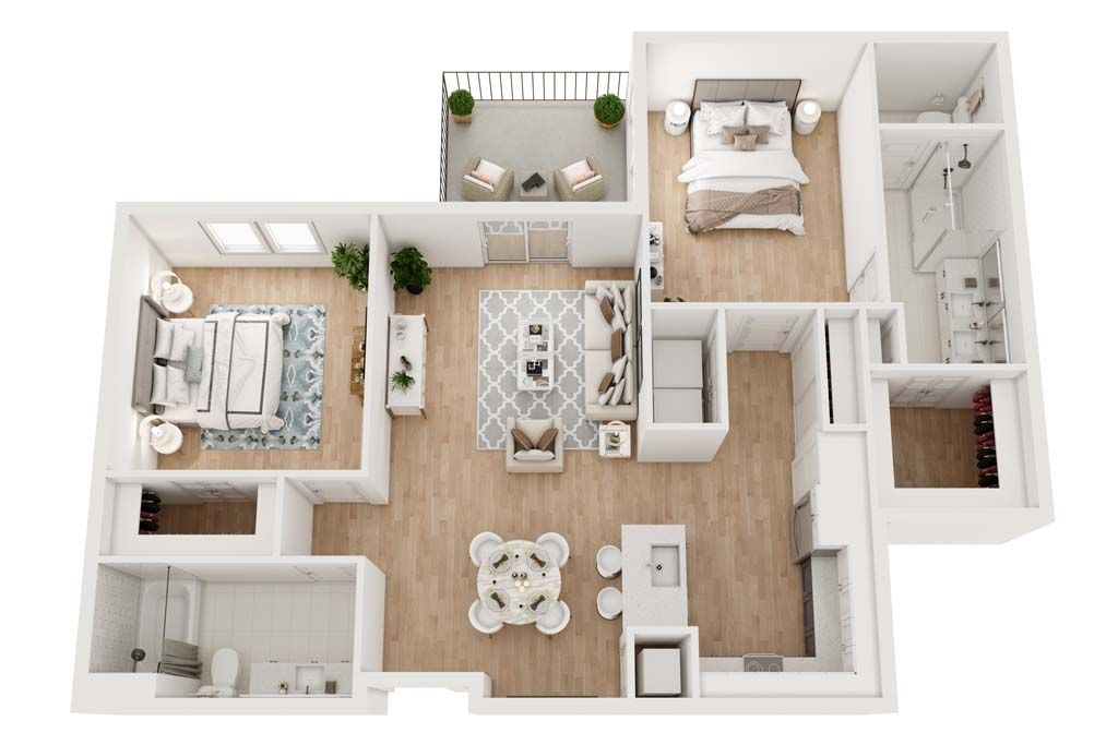 Floor plan of an apartment, showing living room, kitchen, dining area, balcony, and two bedrooms.
