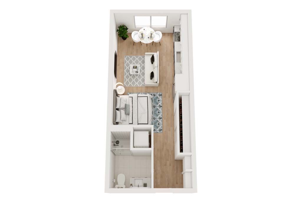 Floor plan of a studio apartment, with living, dining, kitchen, and bathroom spaces.