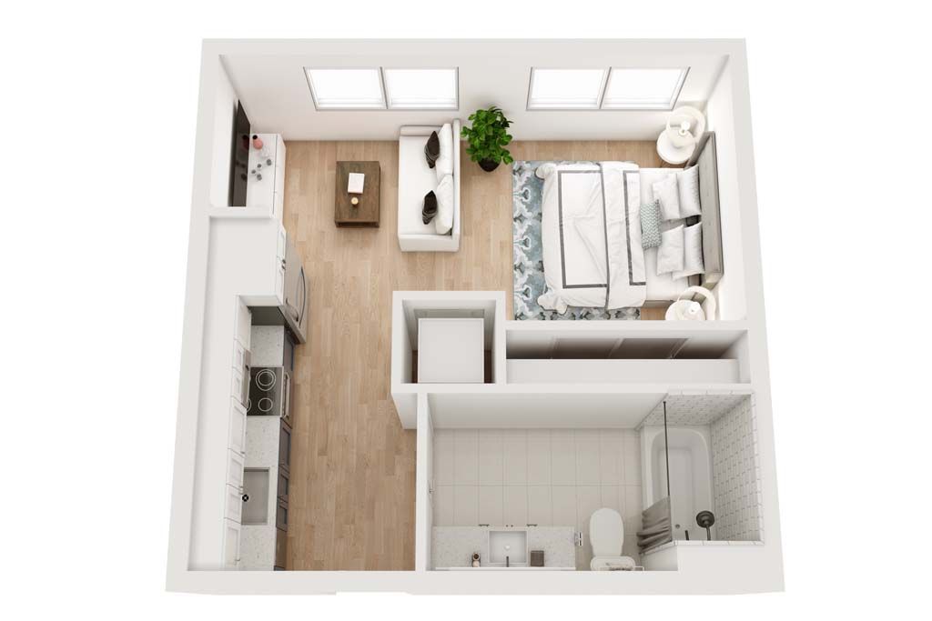 Floor plan of a studio apartment with a living area, bed, and bathroom.