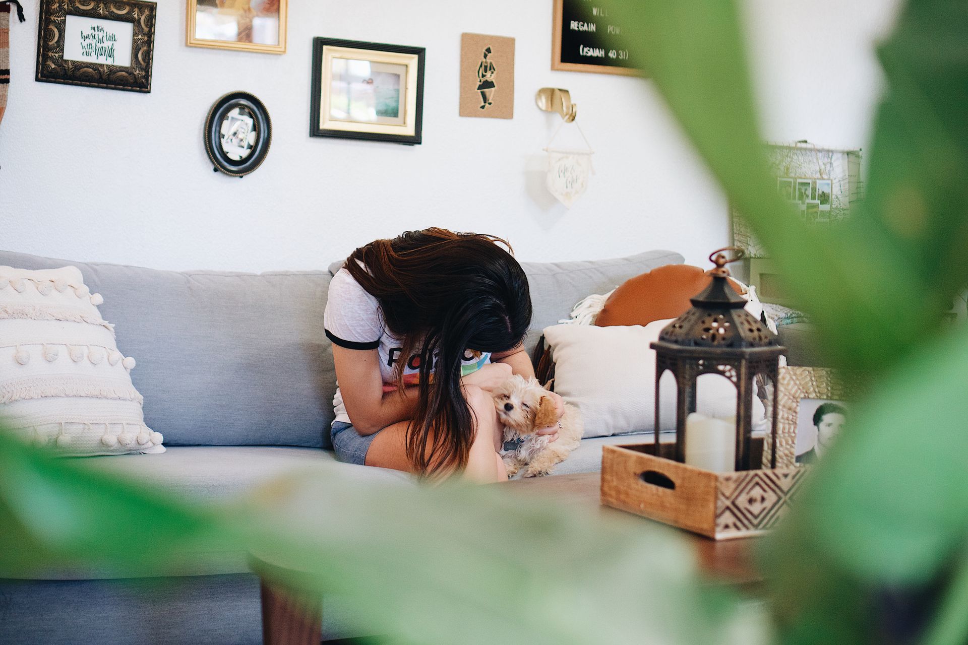 A woman holding her dog on the sofa.
