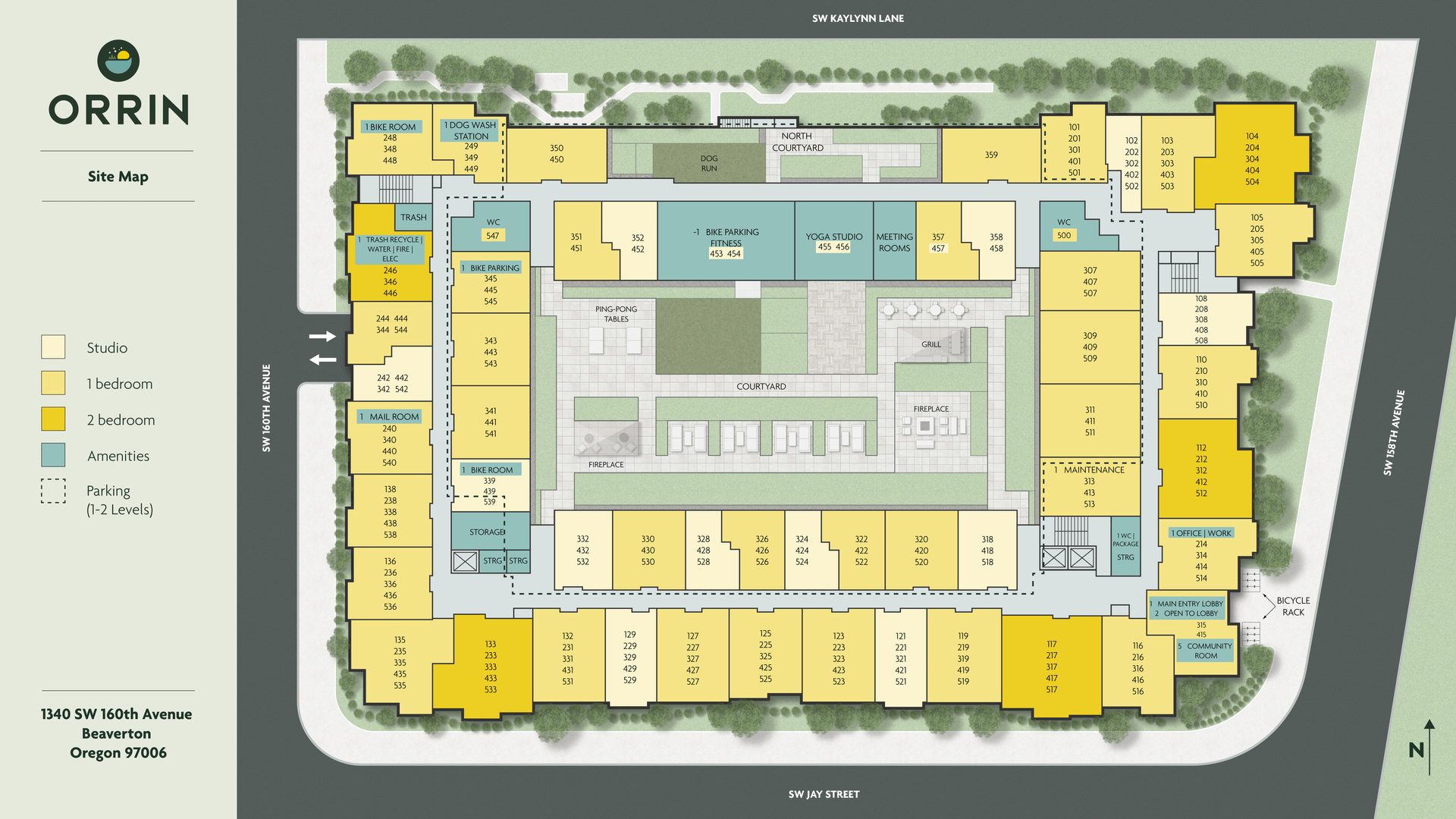 Floor plan of "Orrin" retail space, showing shops, open plaza, parking, and landscaping.
