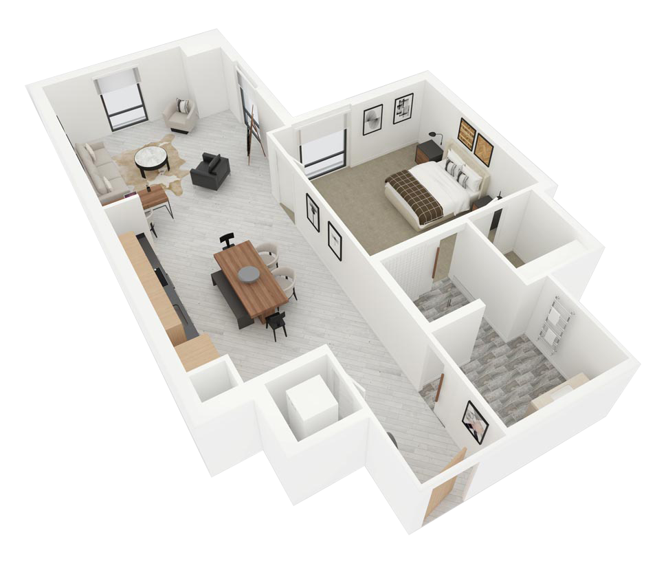 3D floor plan of a small apartment with living room, dining area, bedroom, and bathroom