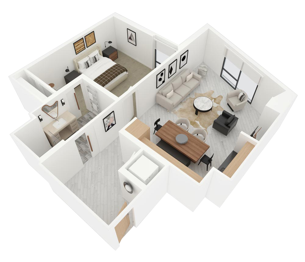 3D floor plan of a modern apartment with bedroom, bathroom, and open living-dining area