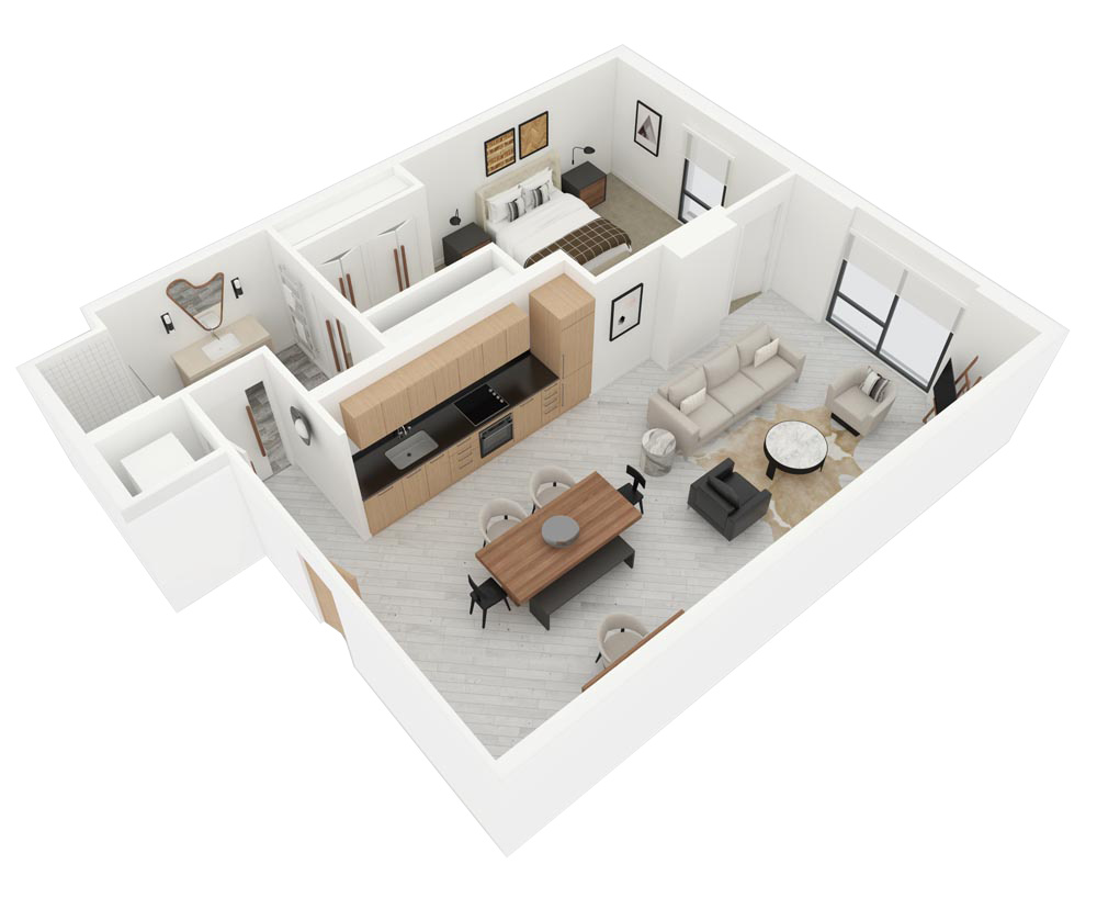 3D floor plan of a modern apartment with open living-dining area, kitchen, bedroom, and bathroom
