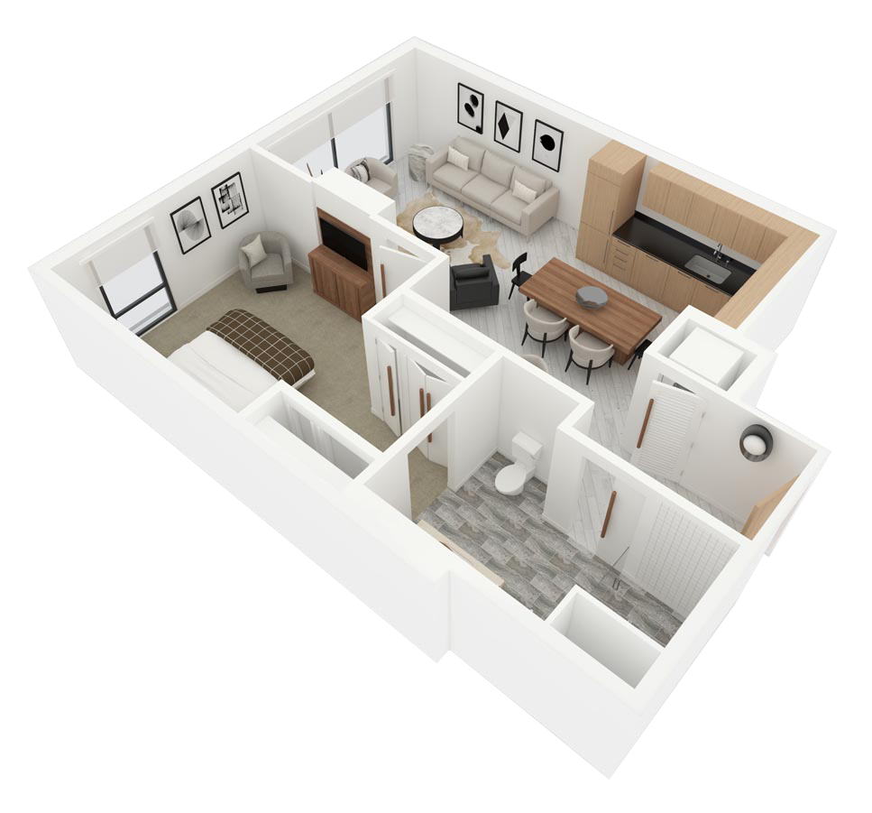 3D floor plan of a modern apartment with living room, kitchen, bedroom, and bathroom