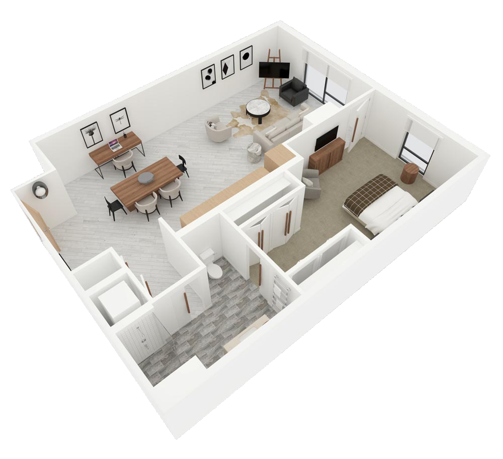 3D floor plan of a modern two-bedroom apartment with kitchen, dining area, living room, and bathroom