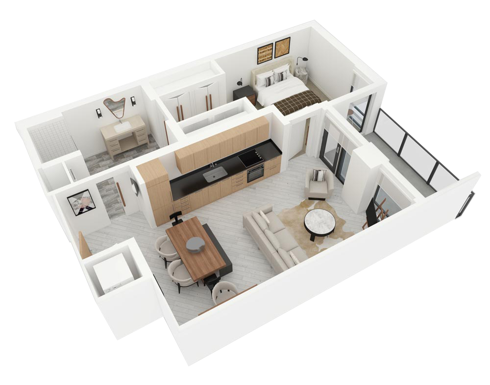 3D floor plan of a modern apartment with open kitchen, living area, bedroom, bath, and balcony