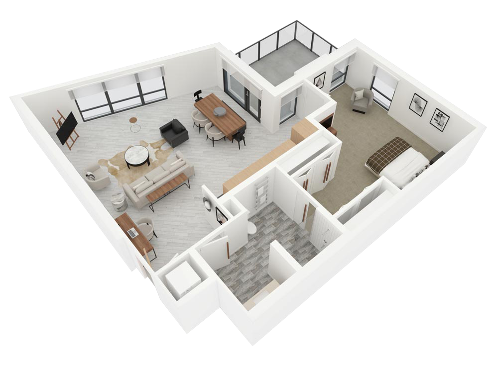 3D floor plan of a modern apartment with living room, dining area, bedroom, kitchen, and bathroom