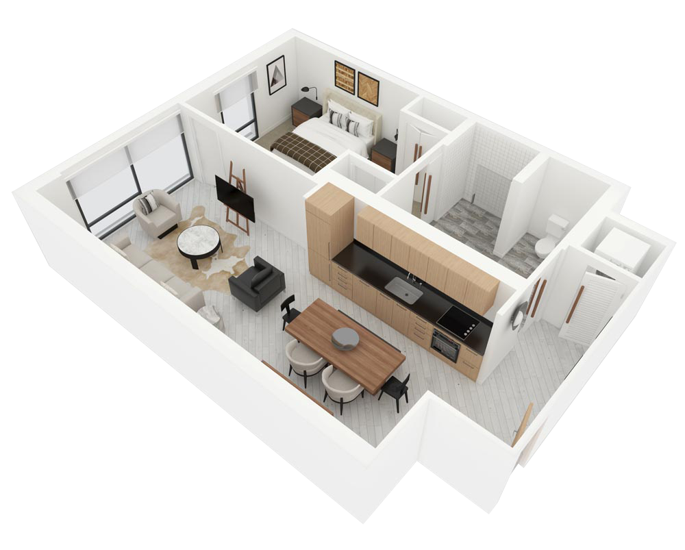 3D floor plan of a modern apartment with open living room, dining area, kitchen, and bedrooms