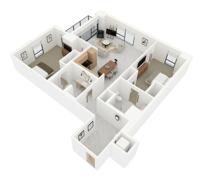 3D floor plan of a modern apartment with living, dining, kitchen, bedrooms, and bathrooms