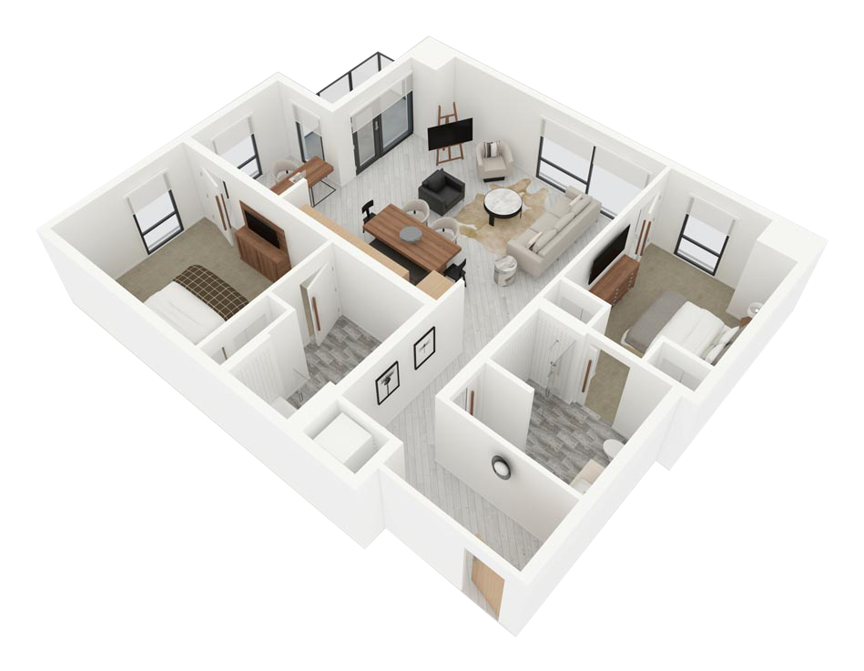3D floor plan of a small apartment with kitchen, living area, bedroom, and bathroom visible from above