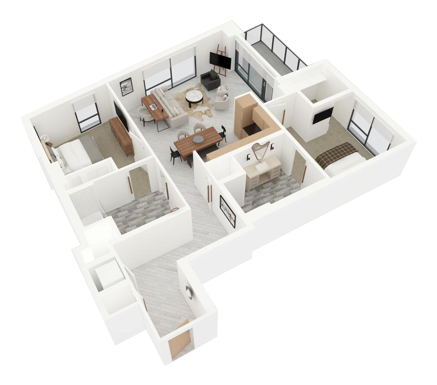 3D floor plan of a small modern apartment with furnished living room, kitchen, bedrooms, and bathrooms