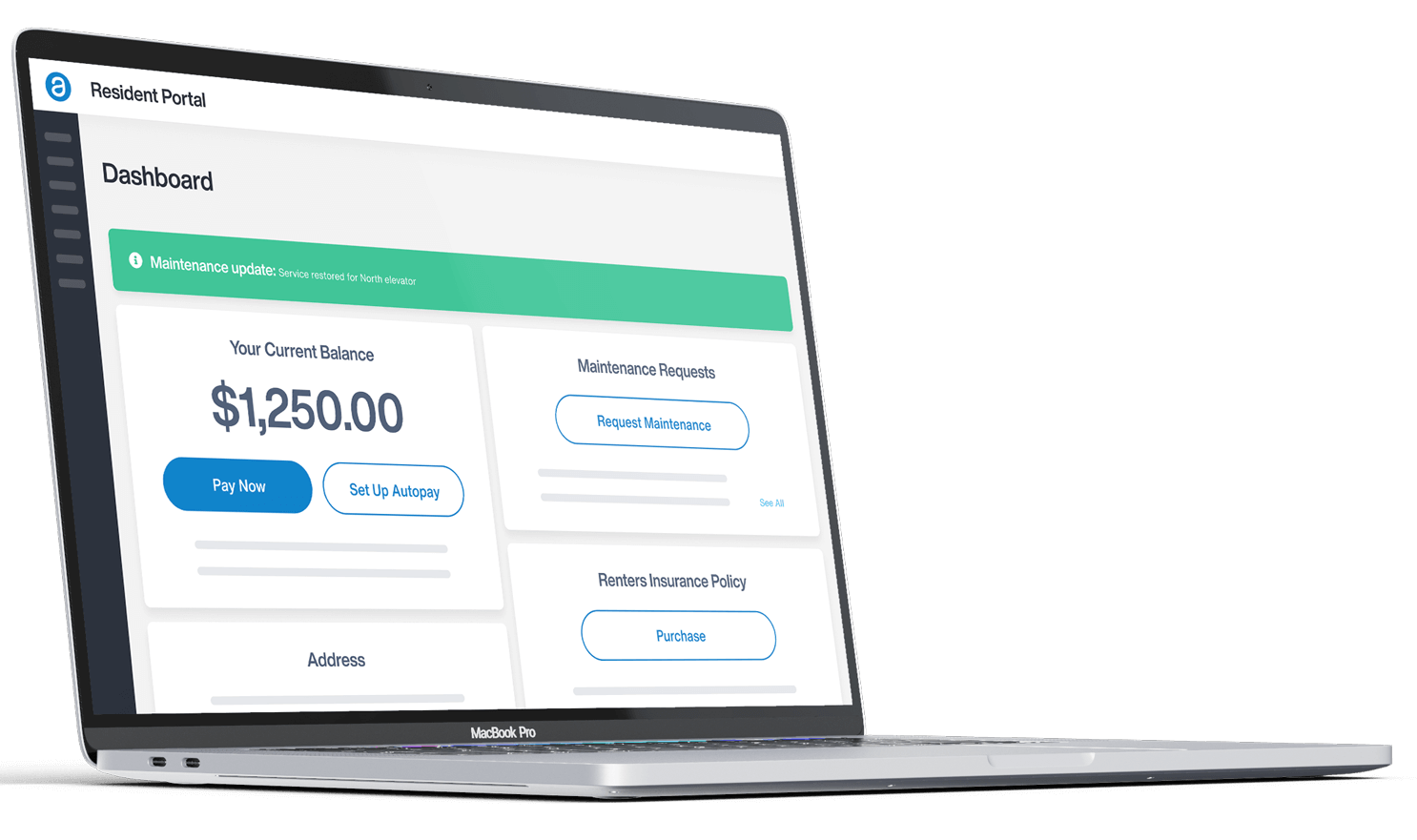 Laptop displaying a clean dashboard with cards, a green status bar, and a $1,250.00 payment summary