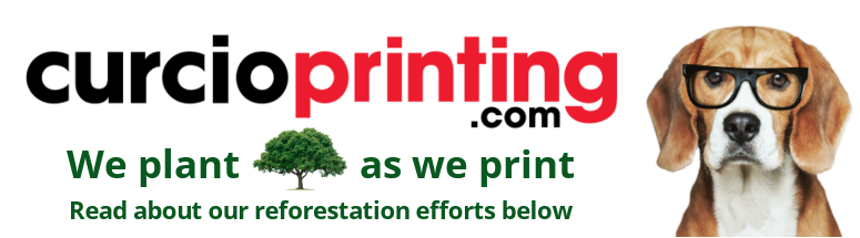 Curcioprinting.com logo with dog in glasses and green slogan: &ldquo;We plant as we print&rdquo;