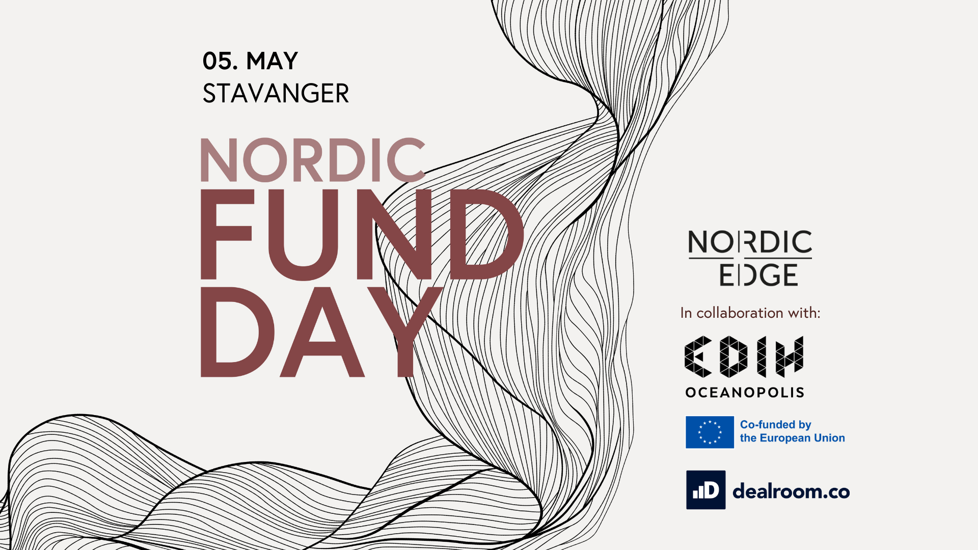 Nordic Fund Day in Stavanger, May 8th. Brown text over light background with swirling lines. EDIH Oceanopolis logo.