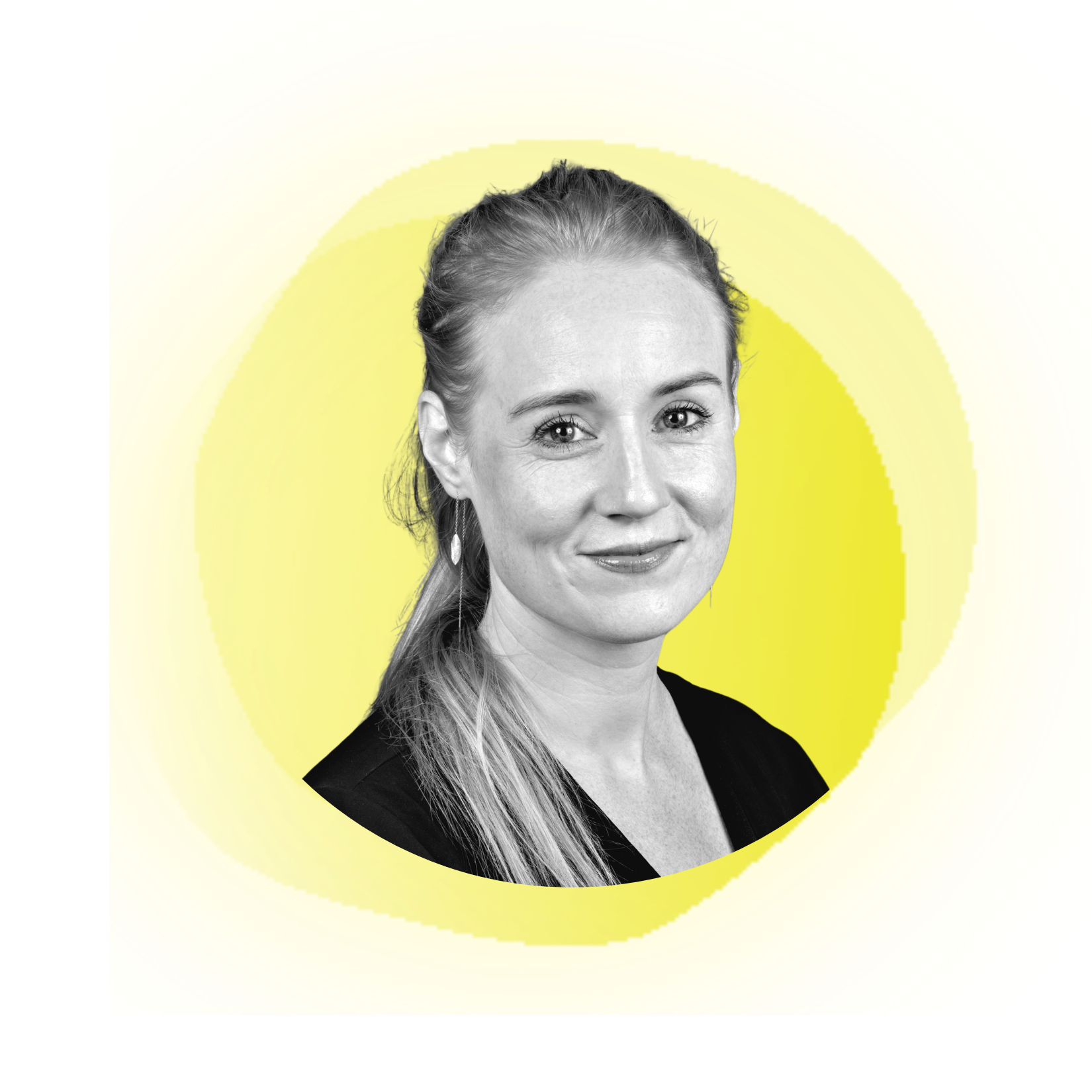 Woman with blonde hair pulled back, smiling, wearing a dark jacket, set against a peach background.