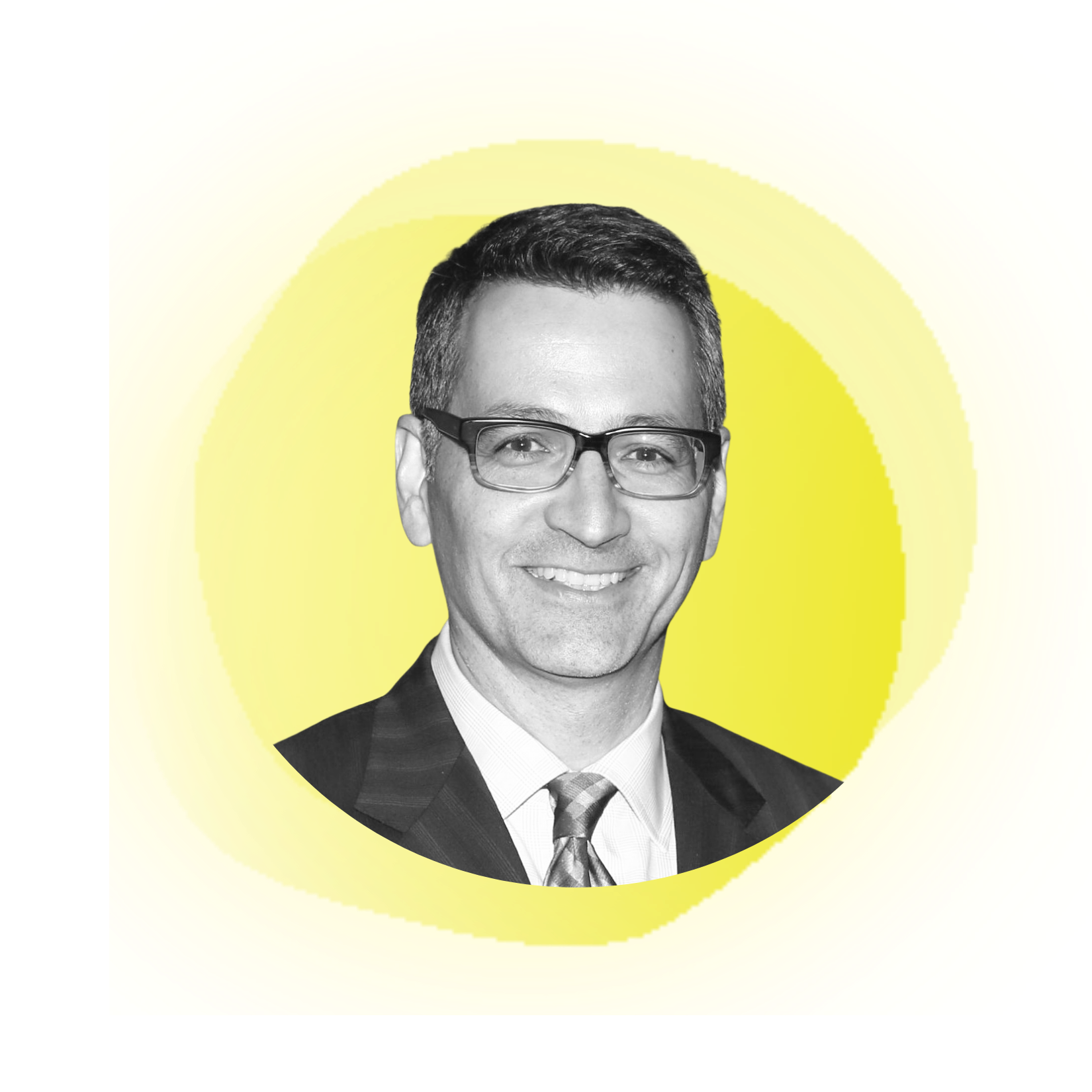 Woman with blonde hair pulled back, smiling, wearing a dark jacket, set against a peach background.