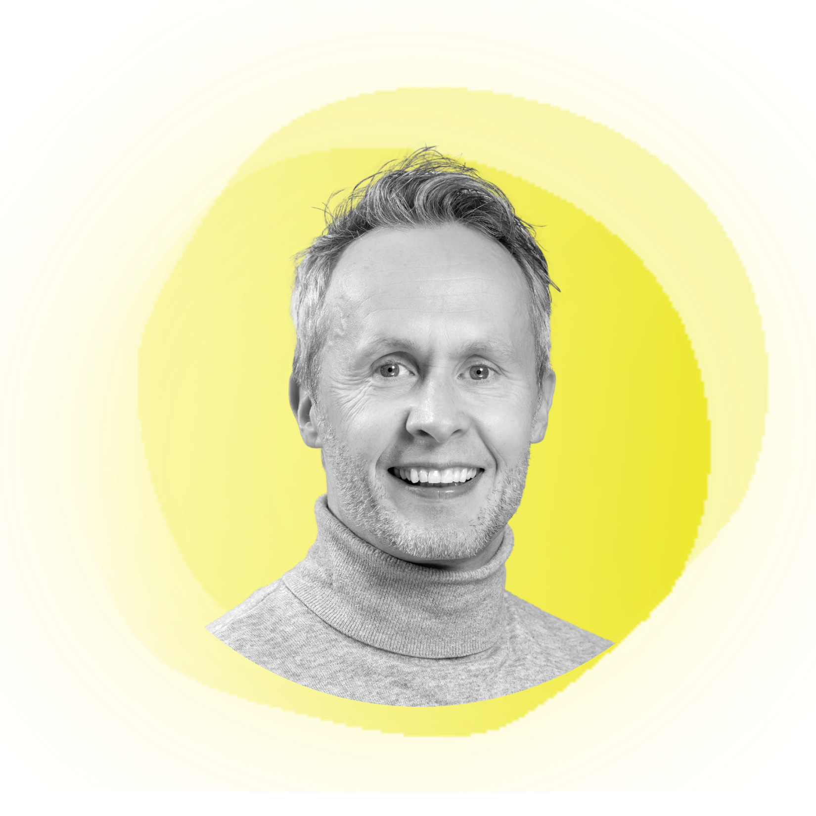 Woman with blonde hair pulled back, smiling, wearing a dark jacket, set against a peach background.