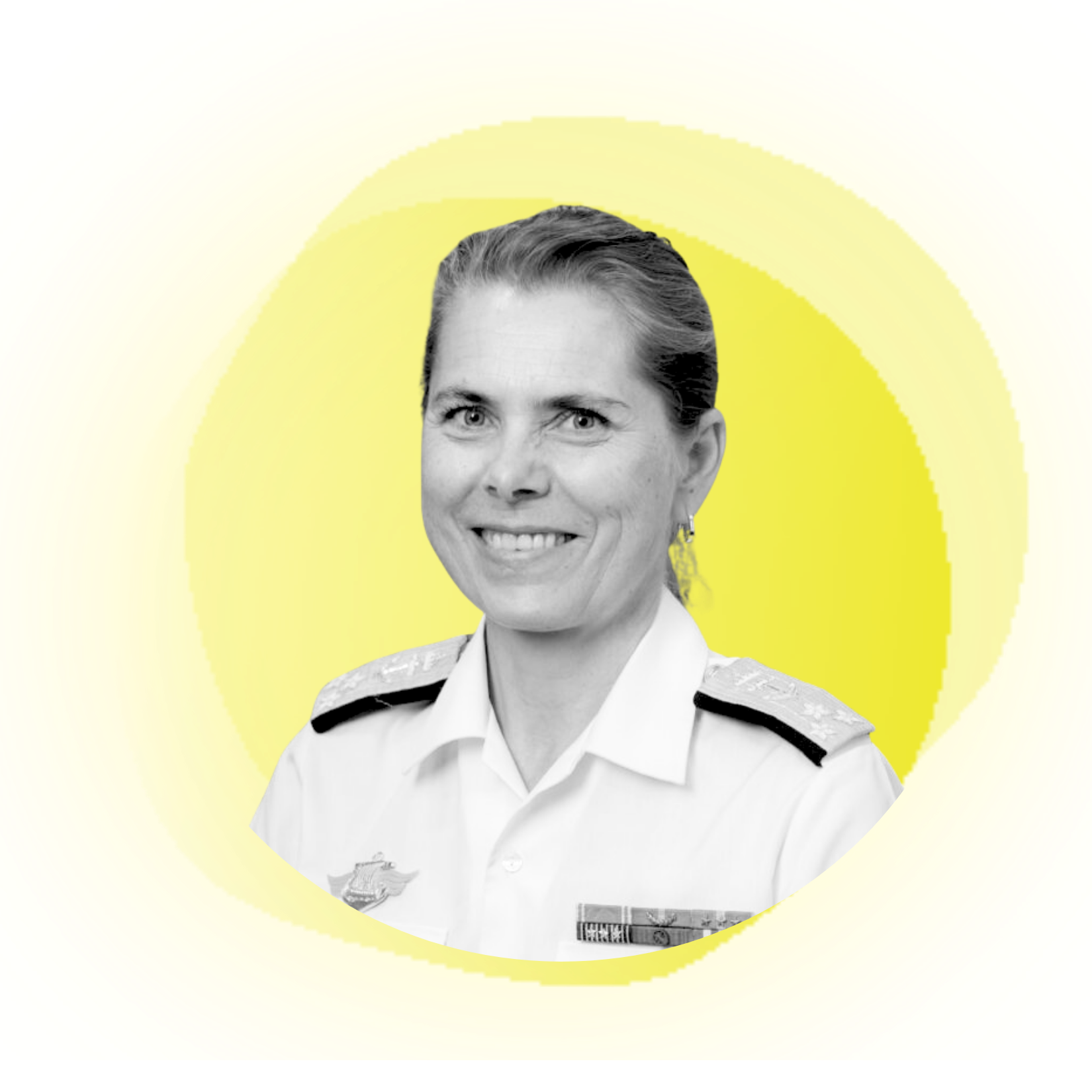 Man smiling, wearing a white jacket, set against a peach-colored circle.