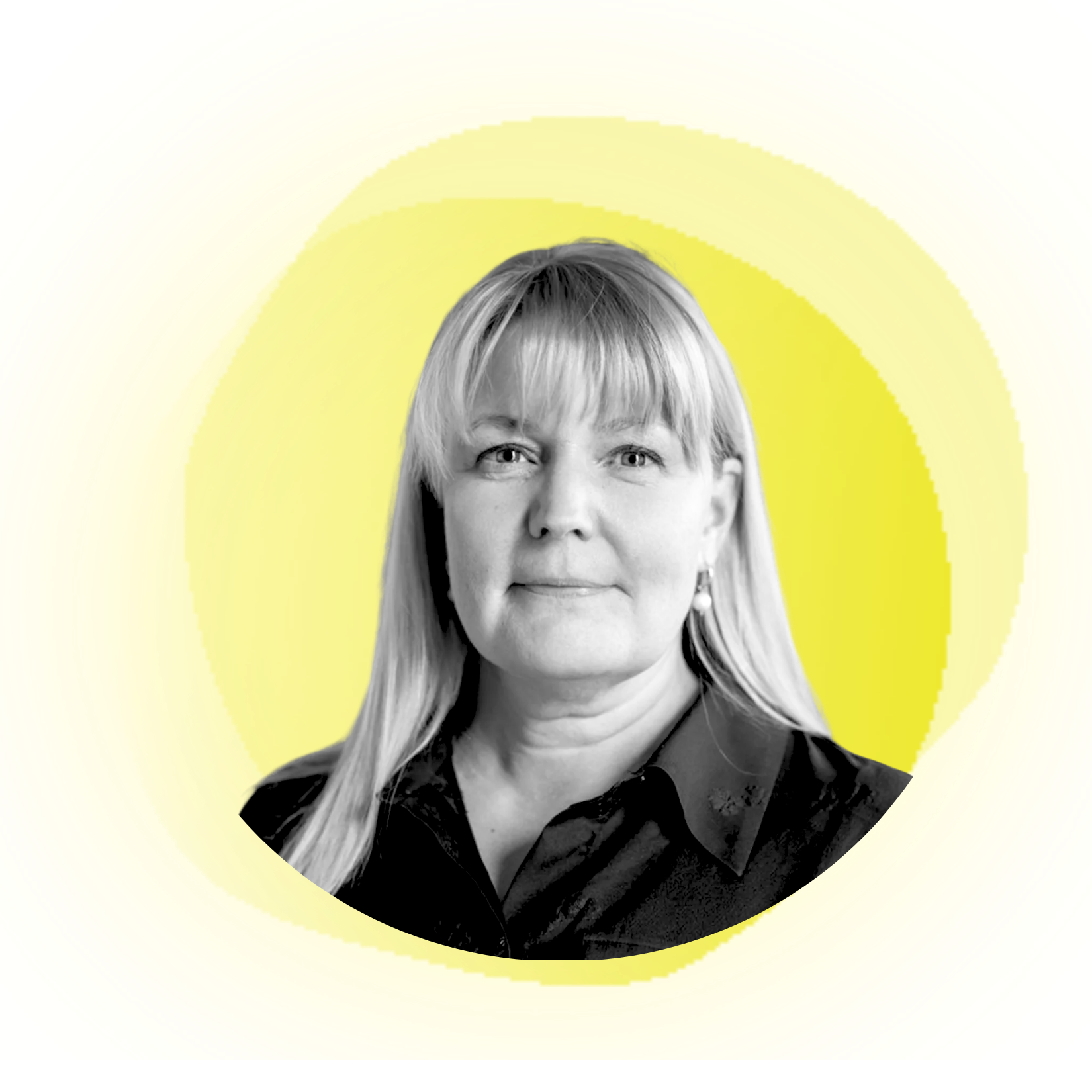 Woman with blonde hair pulled back, smiling, wearing a dark jacket, set against a peach background.