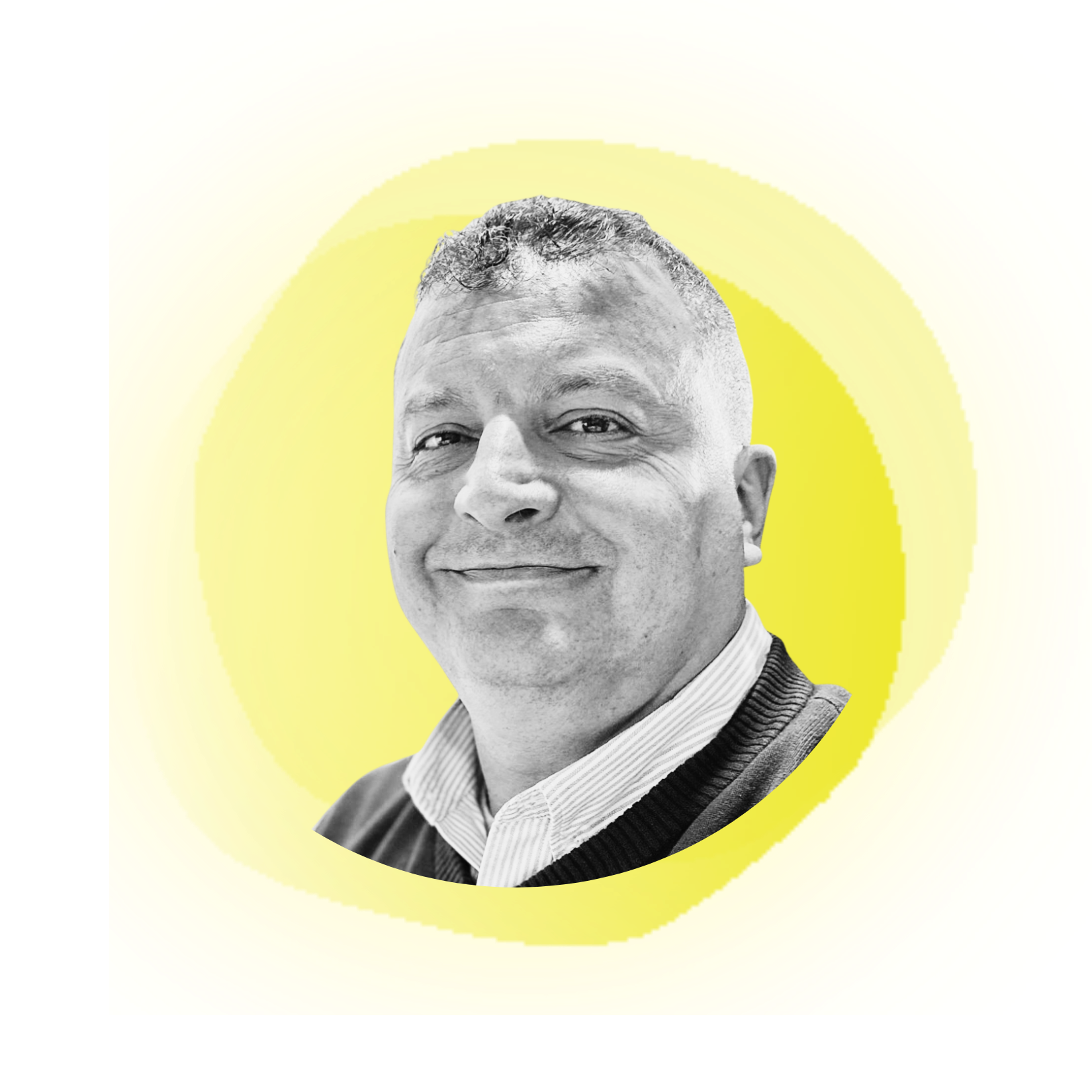 Smiling woman with dark, curly hair in front of a coral background.