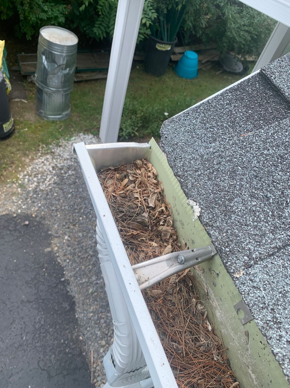 A gutter with leaves in it is sitting on top of a roof.