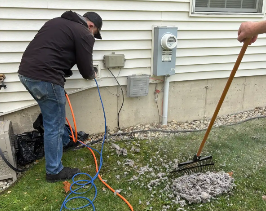 Man near house working with wires; another sweeps debris on lawn near meter and house.
