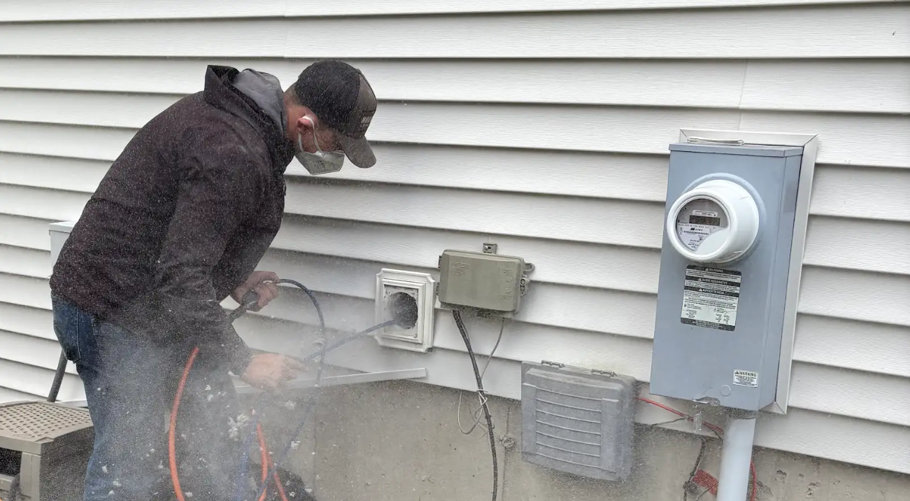 Man spraying water on a house exterior, near electrical boxes. He is wearing a mask and jacket.