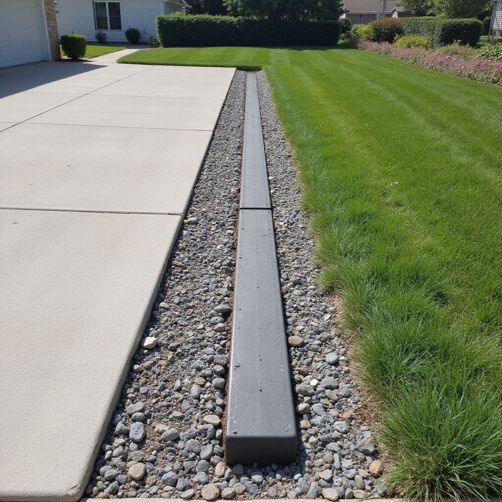 Concrete driveway and grass border a gravel-filled trench with dark rectangular panels.