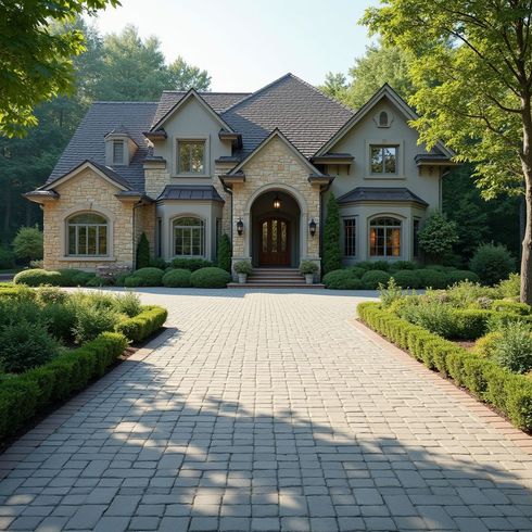 Stone and stucco house with a brick driveway, surrounded by manicured shrubs and trees.
