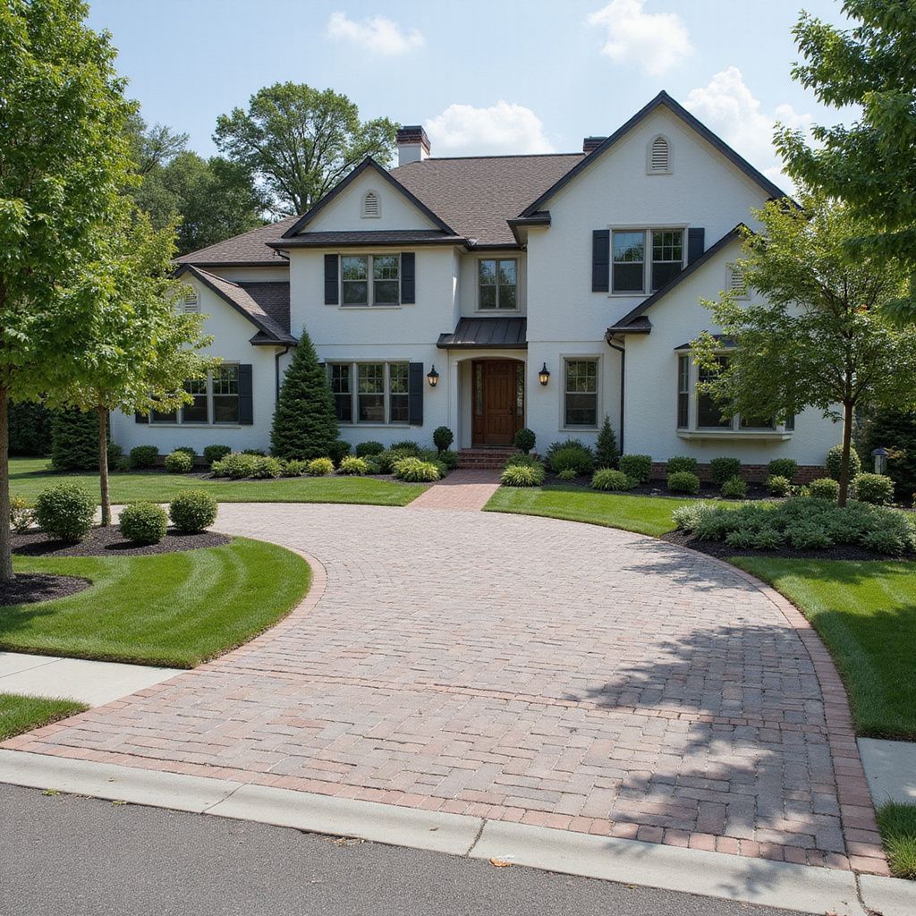 Two-story white house with brick driveway and manicured lawn. Sunny day.