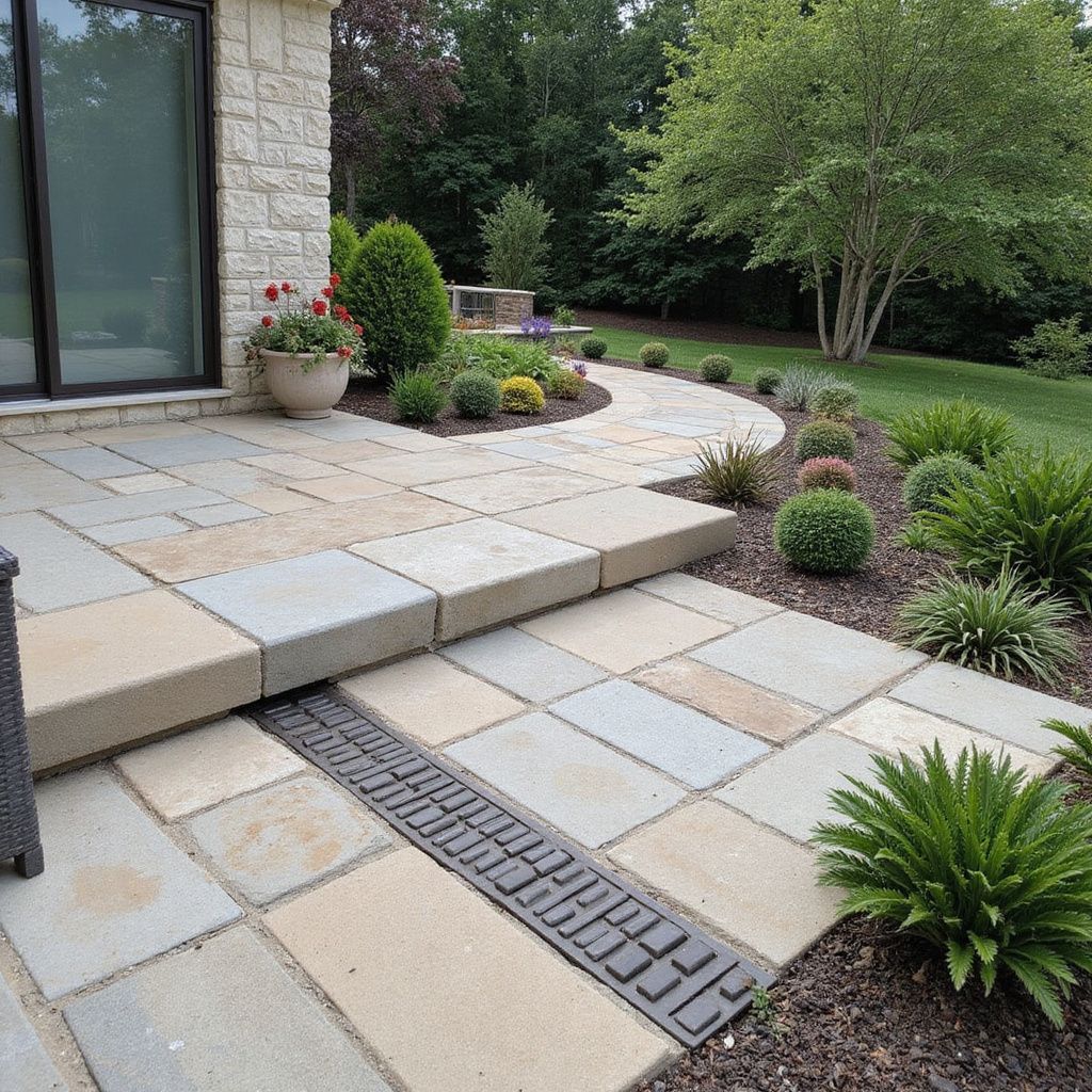 Stone patio with a drainage channel, leading to a pathway and landscaped garden.
