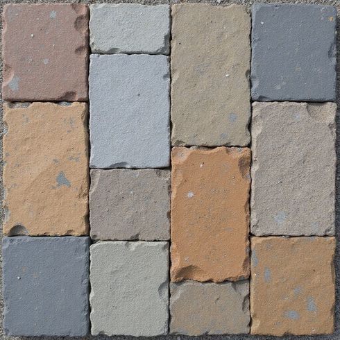 Close-up of a square pattern of multi-colored paving stones: gray, brown, beige, and blue-gray.