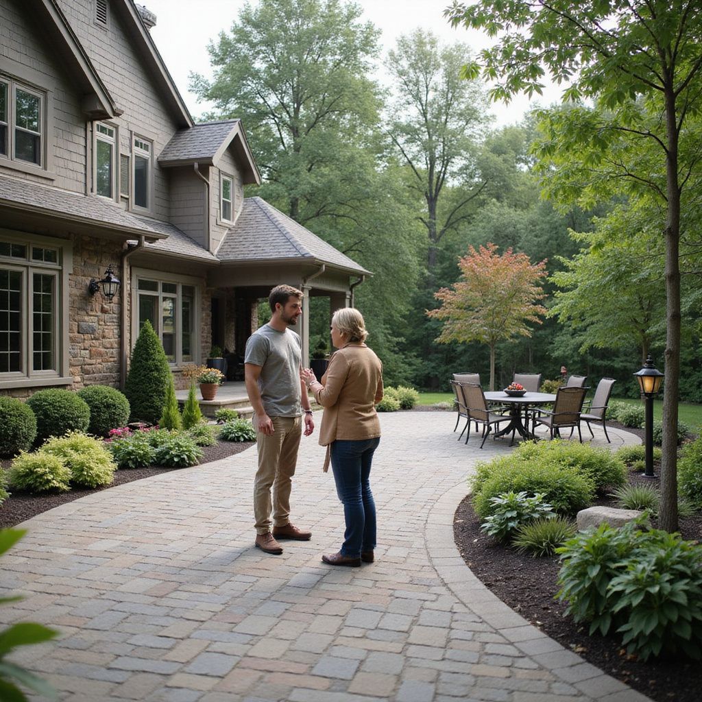 A man and woman stand on a patio, facing each other. A large house and outdoor dining set are in view.