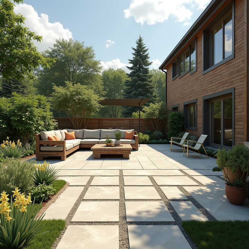 Patio with outdoor furniture, adjacent to a brick house, surrounded by trees and landscaping.