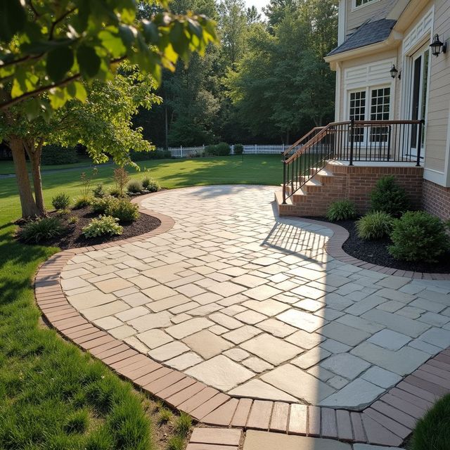A stone patio with brick edging and stairs leading to a house with bushes and a tree on the side.