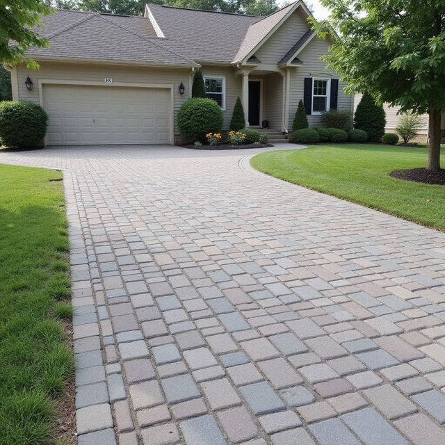 Brick driveway leading to a beige house with a garage. Green lawn on either side.
