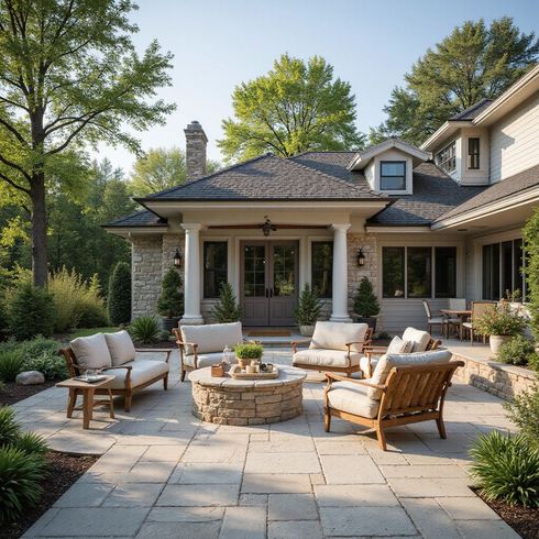 Patio with stone fire pit, wooden furniture, and house exterior.