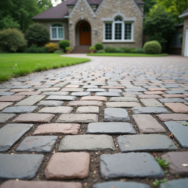Brick driveway leading to a house with green lawn and landscaping.